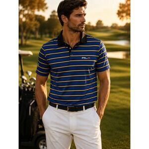 RLX Ralph Lauren Polo Shirt Mens Medium Blue Yellow Striped Performance Golf